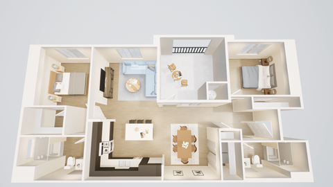 B-2 two bedroom two bathroom unit floor plan with 1167 square feet at Villa Annette Apartments, Moreno Valley, CA